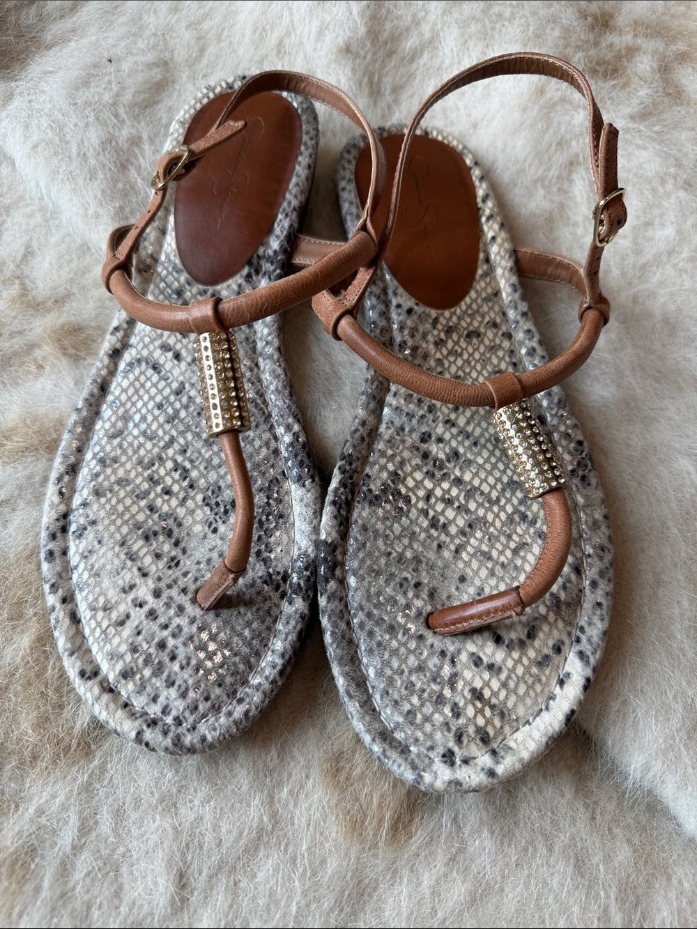 Jessica Simpson Taupe Snake-Print T-Strap Sandals with Rhinestone Accent